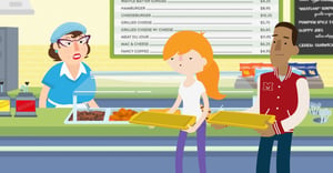 Three people standing in a cafeteria line